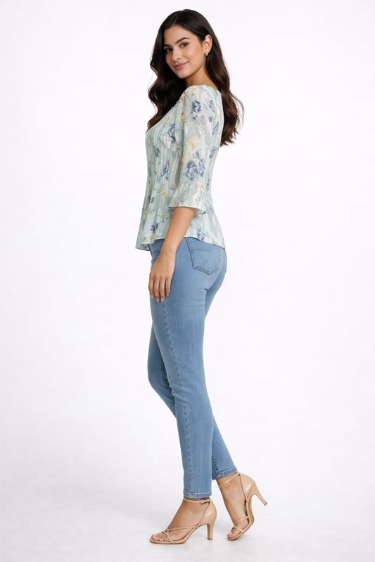 Elegant Mint Green Floral Pleated Top for Women