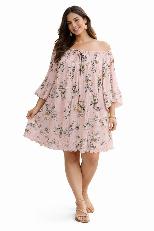Stylish Pink Floral Off Shoulder Dress for Women