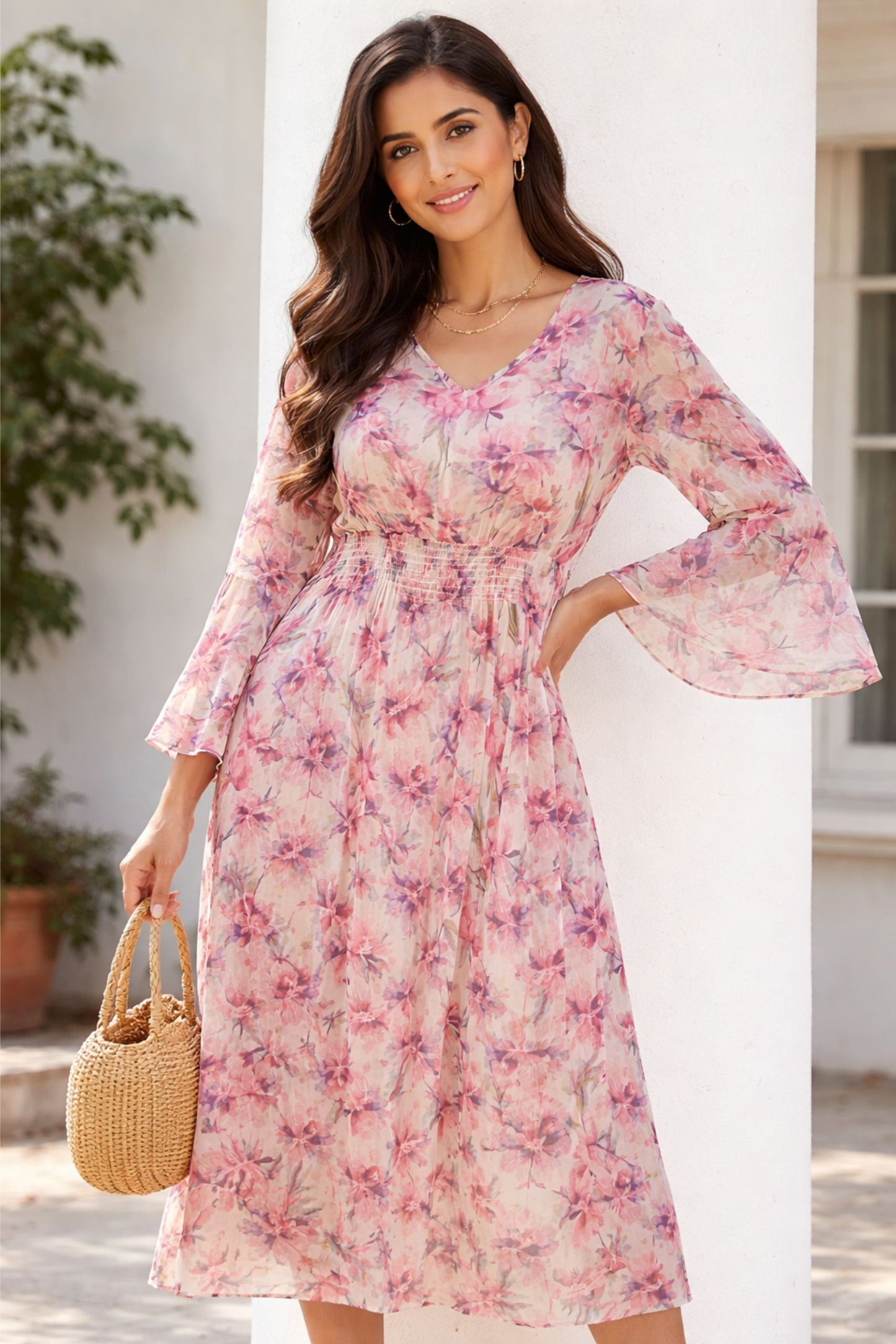 Elegant Pink Floral Midi Dress for Women