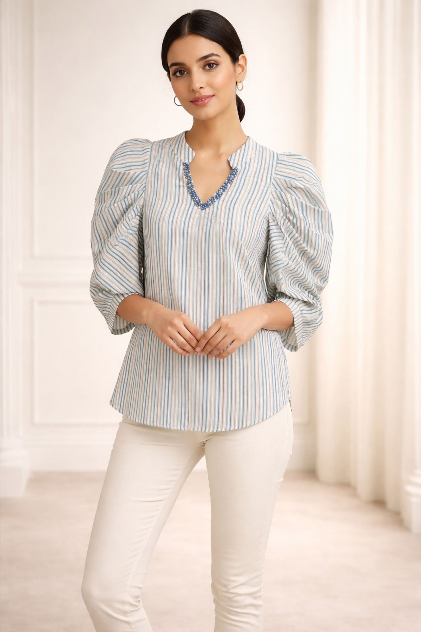 Elegant Blue Striped Puff Sleeve Top for Women