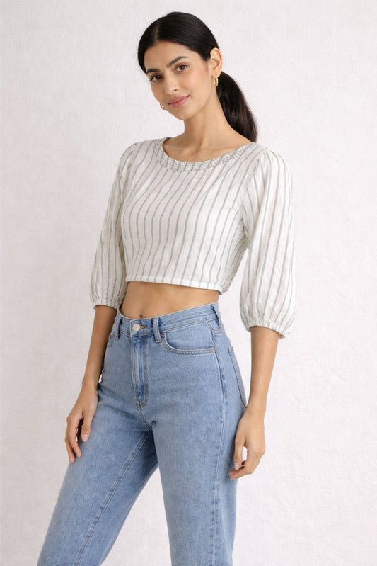 White Striped Crop Top for Women