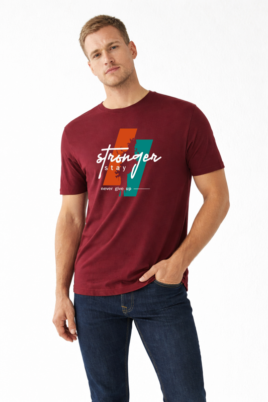 Men’s Maroon Cotton T-Shirt with “Stronger Stay” Motivational Graphic Print