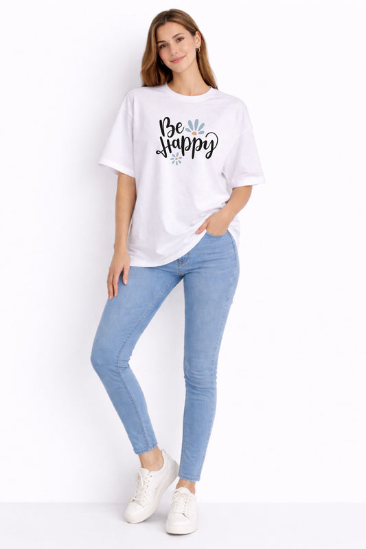 “Be Happy” Printed Casual Tee