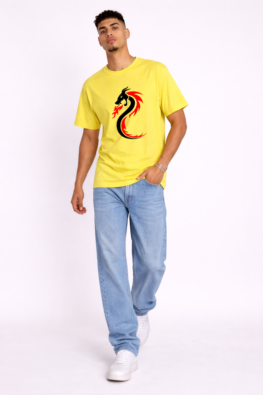 Regular Fit Yellow Dragon Print T-Shirt