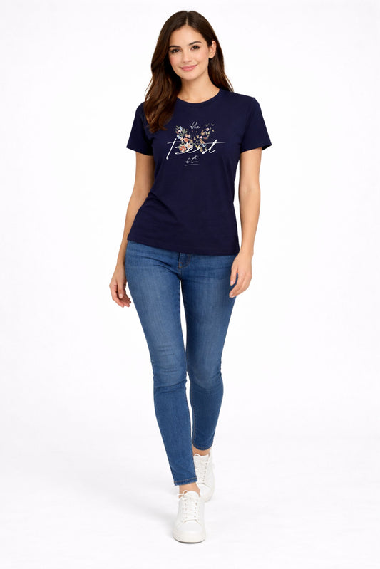 Navy Blue Printed Cotton T-Shirt