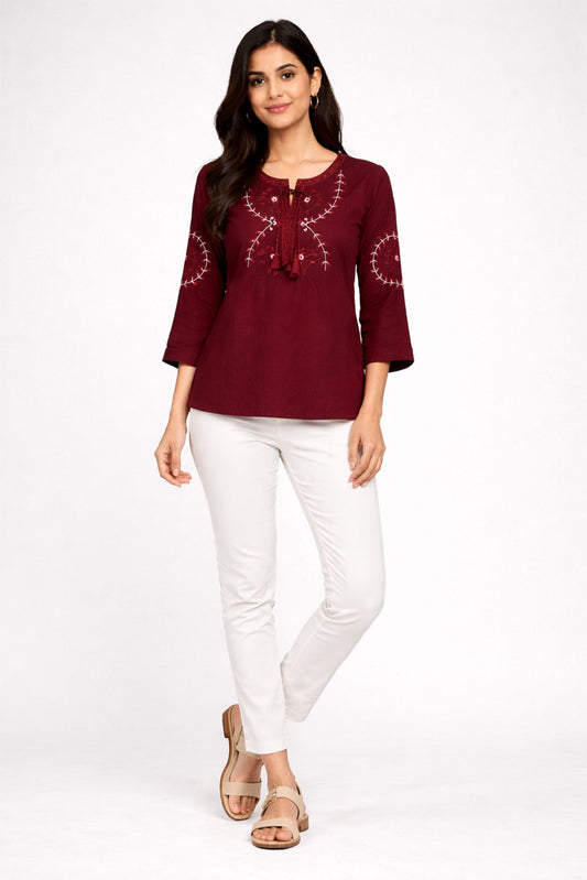 Maroon Embroidered Ethnic Top for Women
