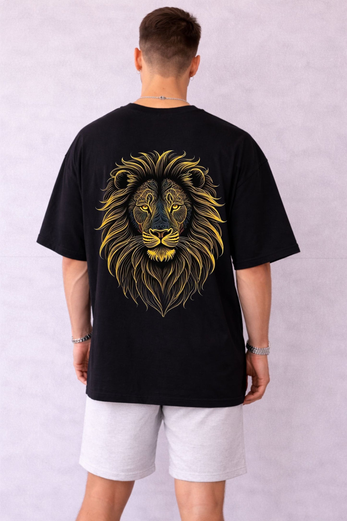 Men’s Black Oversized T-Shirt with Gold Lion Print