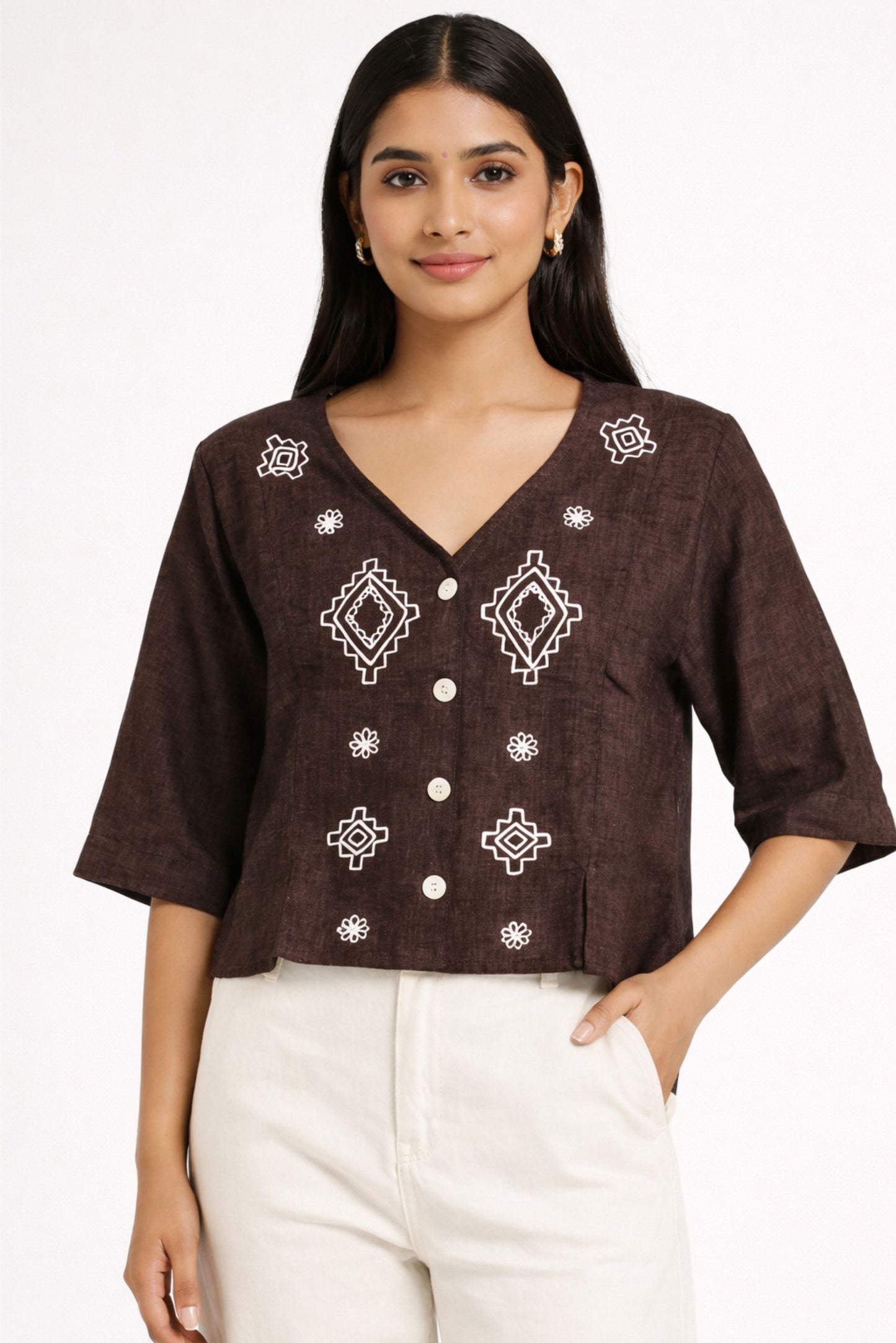 Chic Brown Embroidered Crop Top for Women