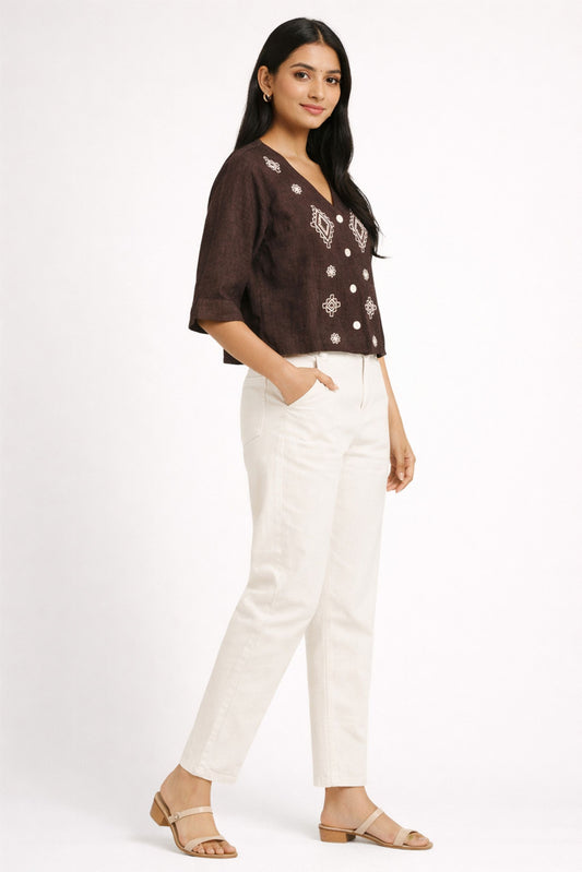 Chic Brown Embroidered Crop Top for Women