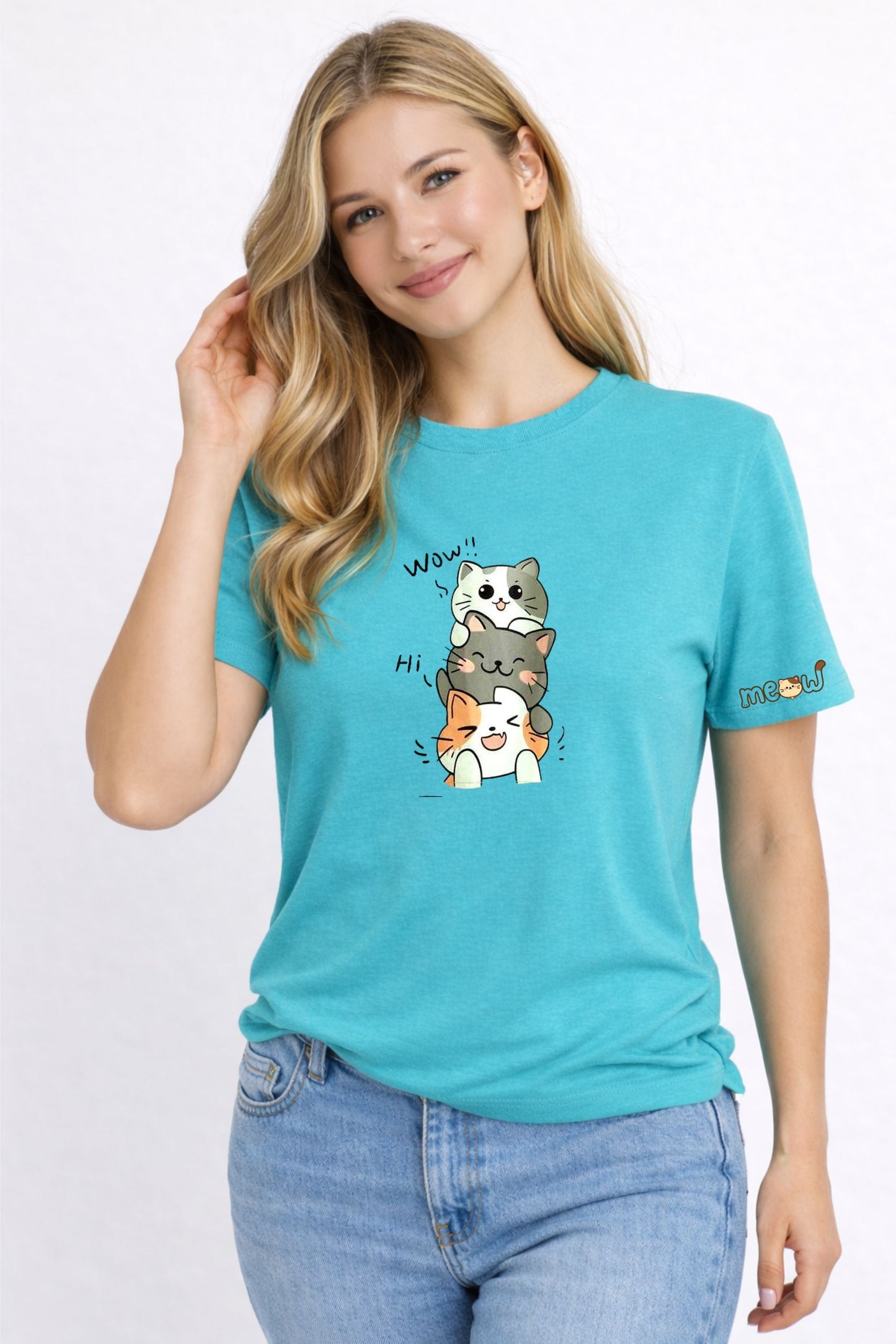 Women’s Teal Cute Cat Graphic T-Shirt
