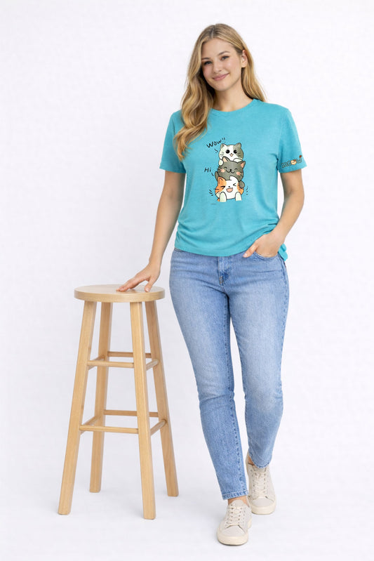 Women’s Teal Cute Cat Graphic T-Shirt