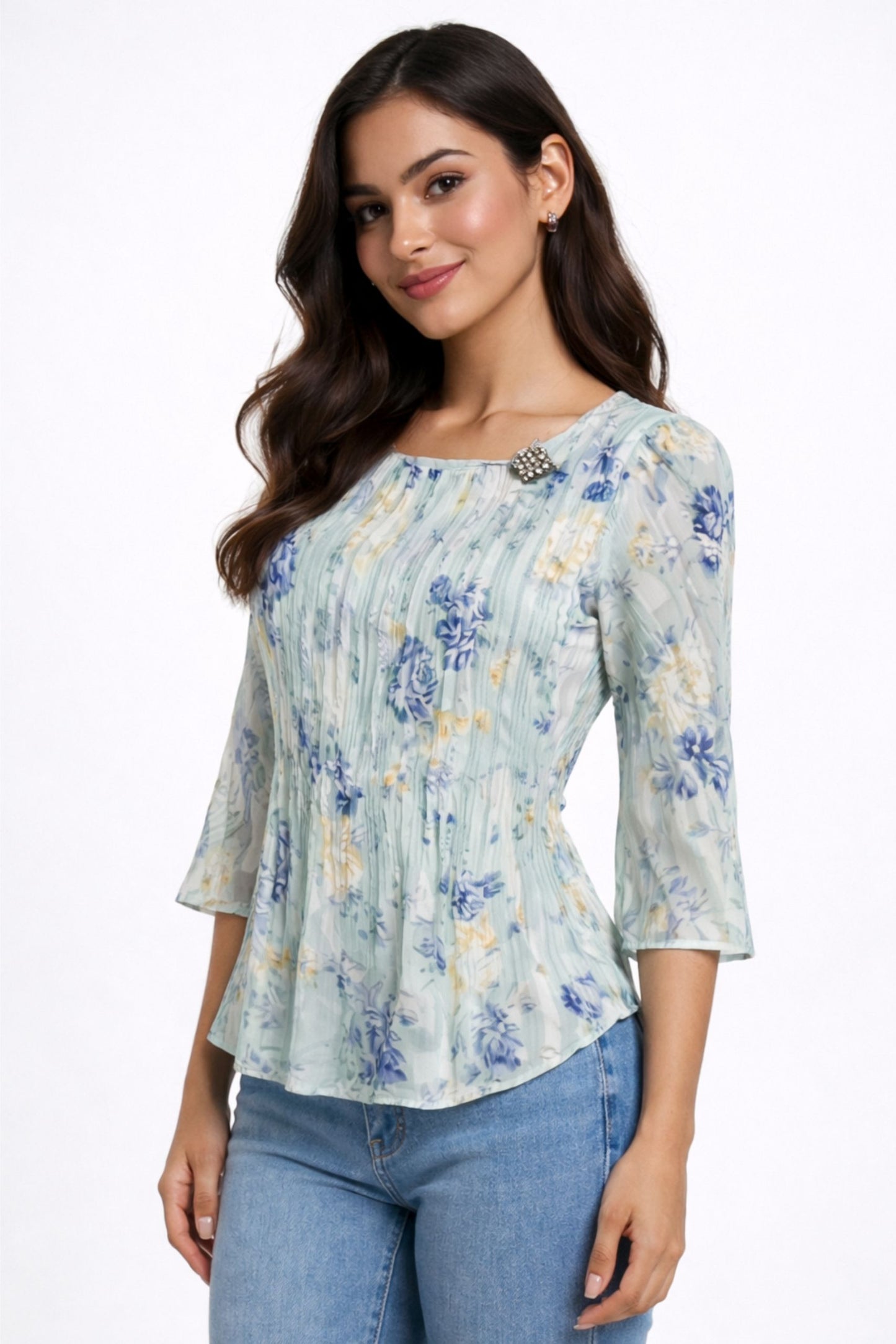 Elegant Mint Green Floral Pleated Top for Women