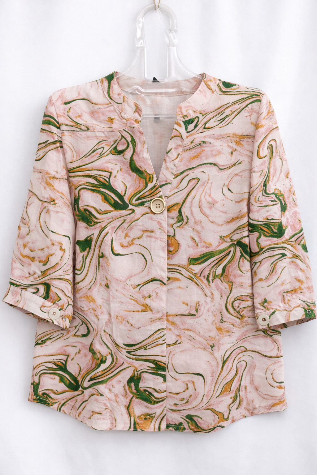 Abstract Print Top with Mandarin Collar