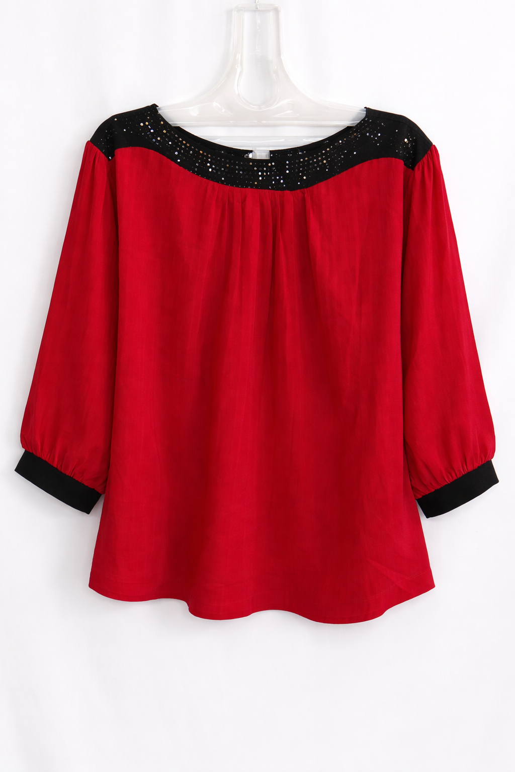 Red Flared Tunic Top with Black Embellished Neckline