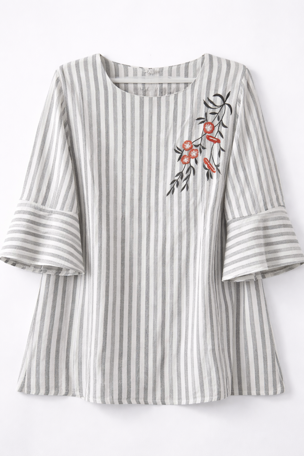 Grey Striped Embroidered Casual Tunic Top