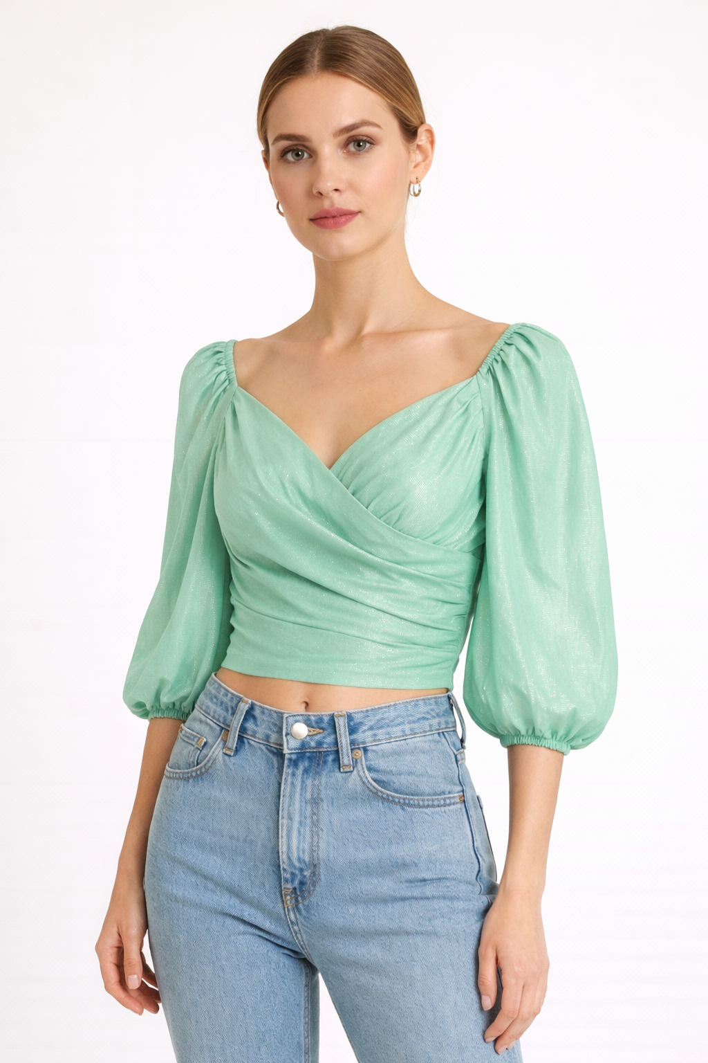 Mint Green Wrap Style Smocked Crop Top