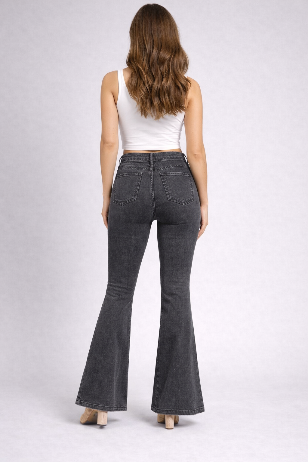 High Waist Dark Grey Bell Bottom Jeans | Stretch Flared Denim Pant