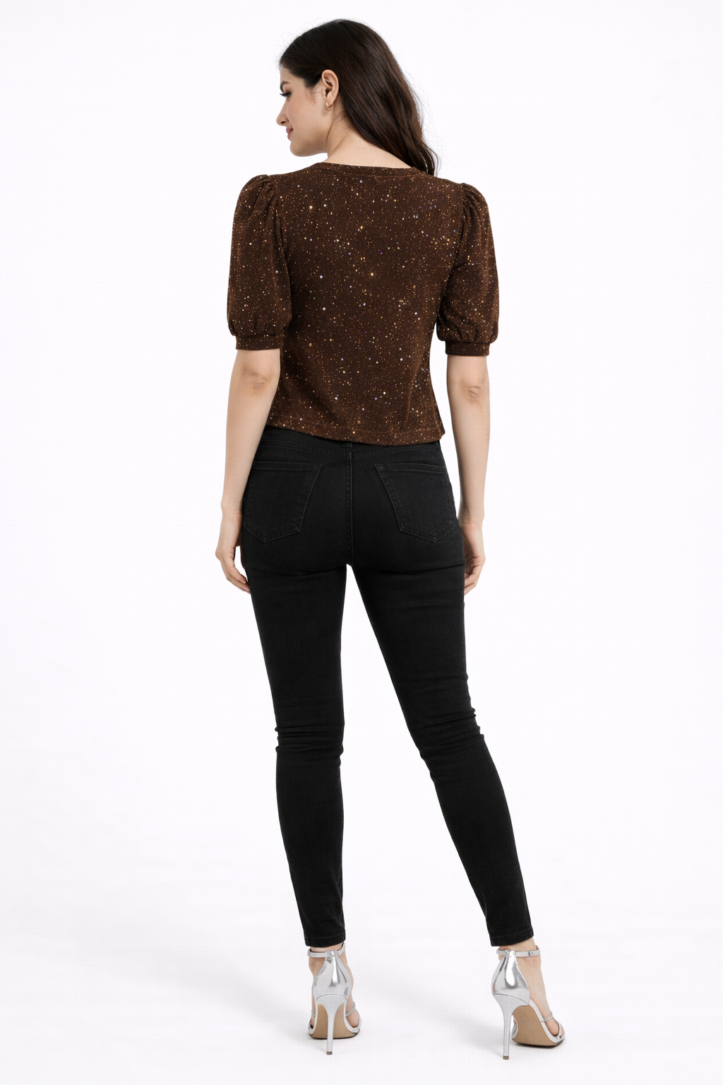Brown Shimmer Puff Sleeve Top