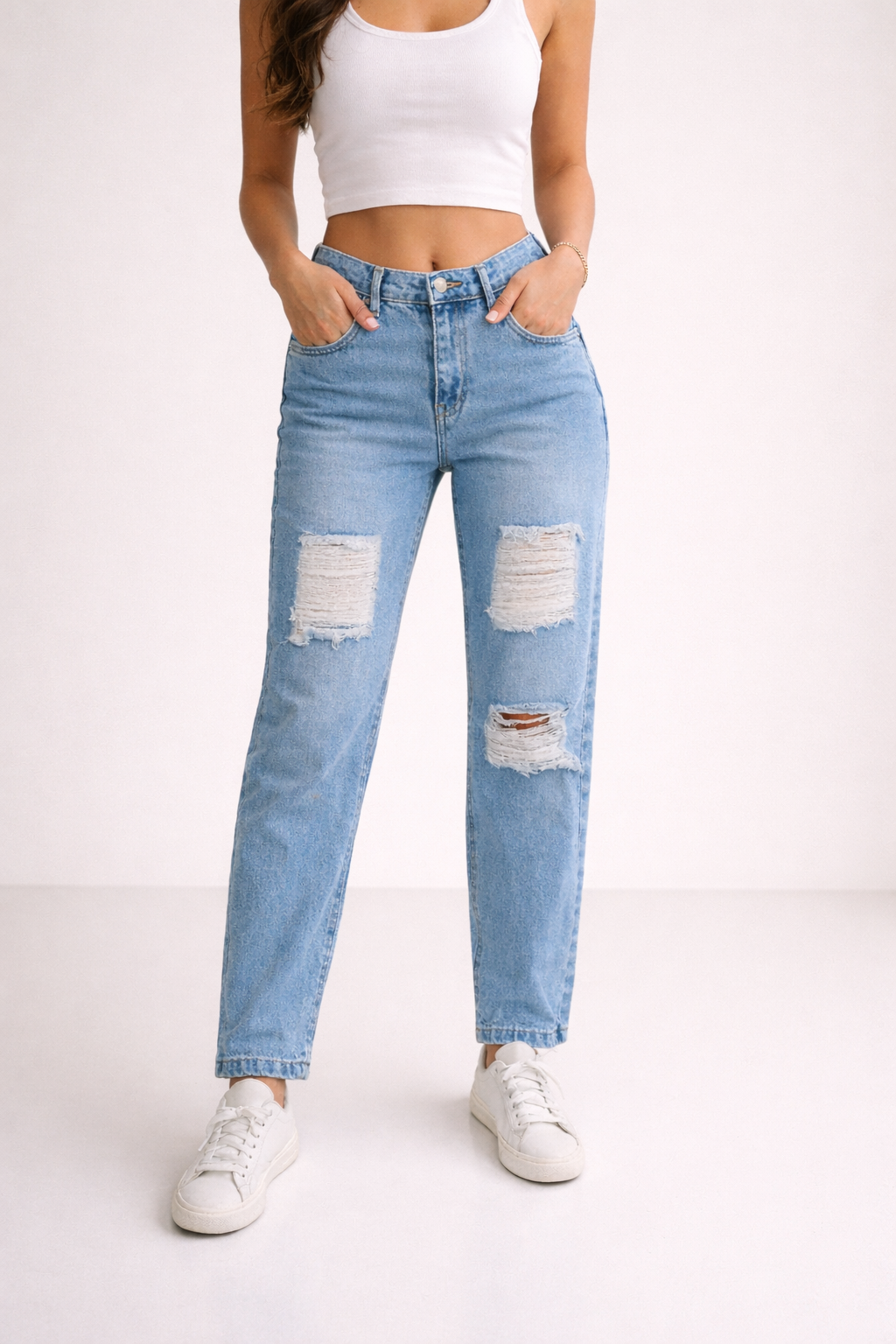 Light Blue High-Waist Ripped Straight Fit Jeans