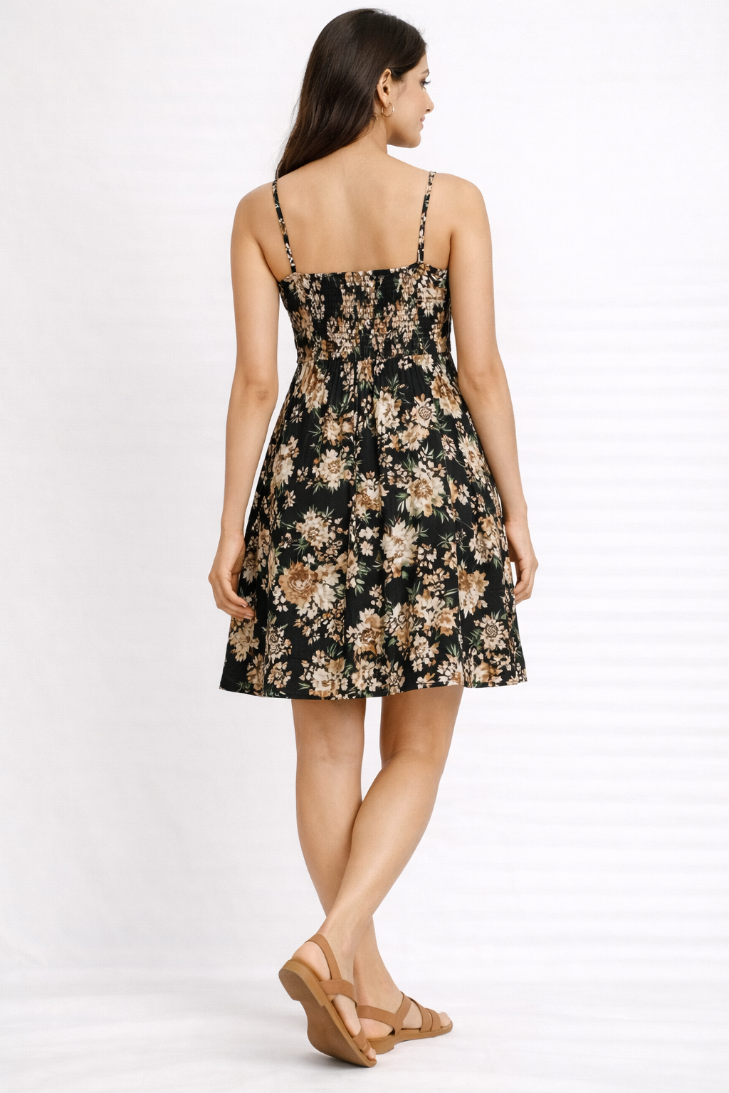 Women's Black Floral Printed Spaghetti Strap Midi Dress