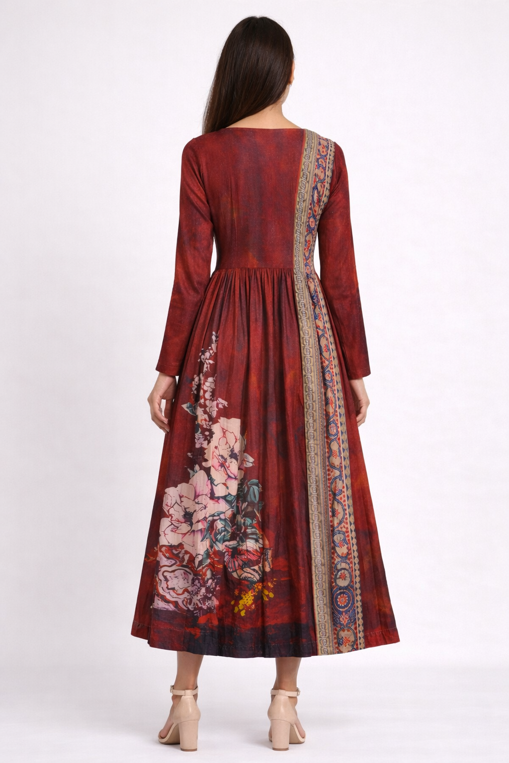Women's Elegant Red Printed Anarkali Maxi Dress