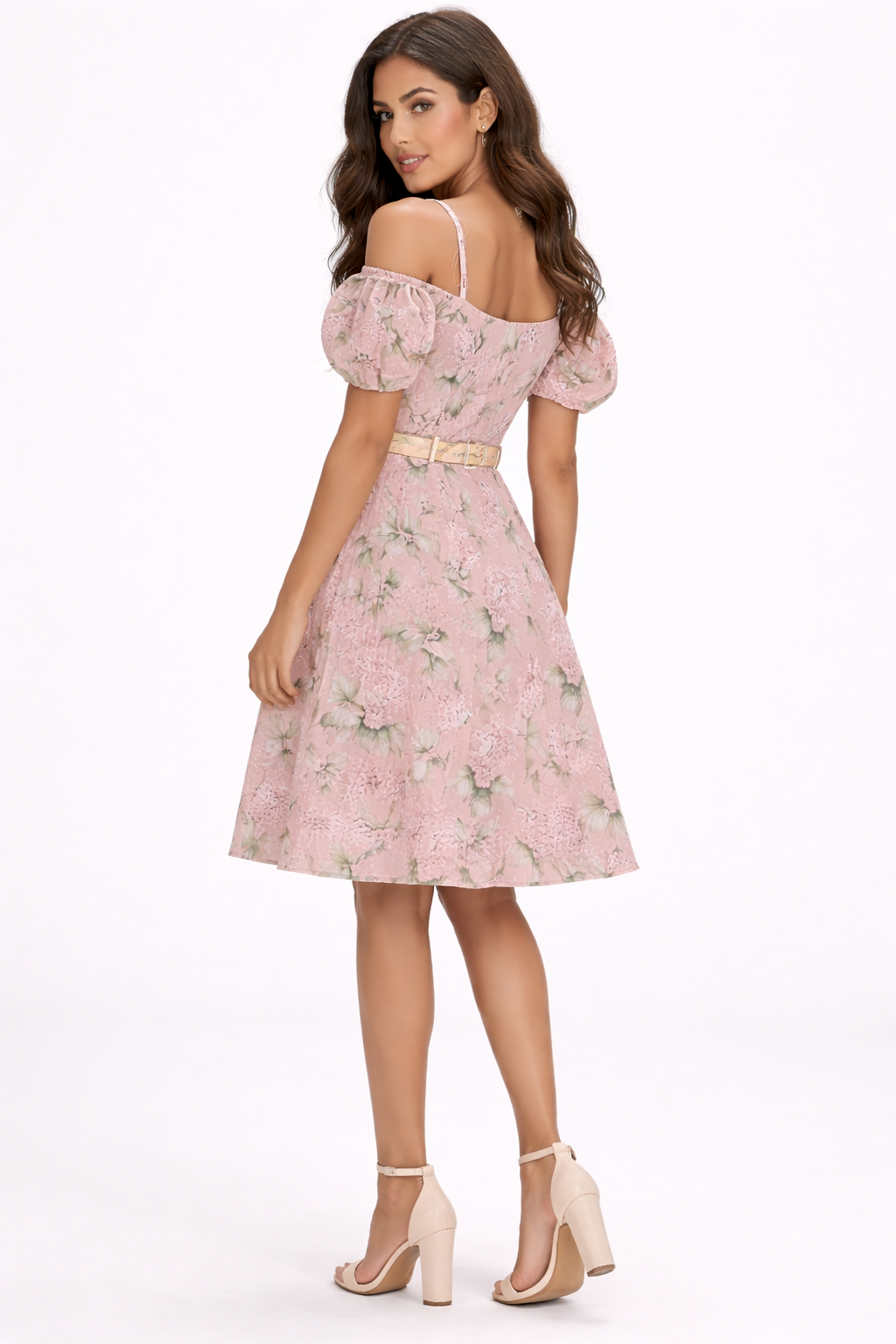 Women Pink Floral Off Shoulder A-Line Dress with Belt