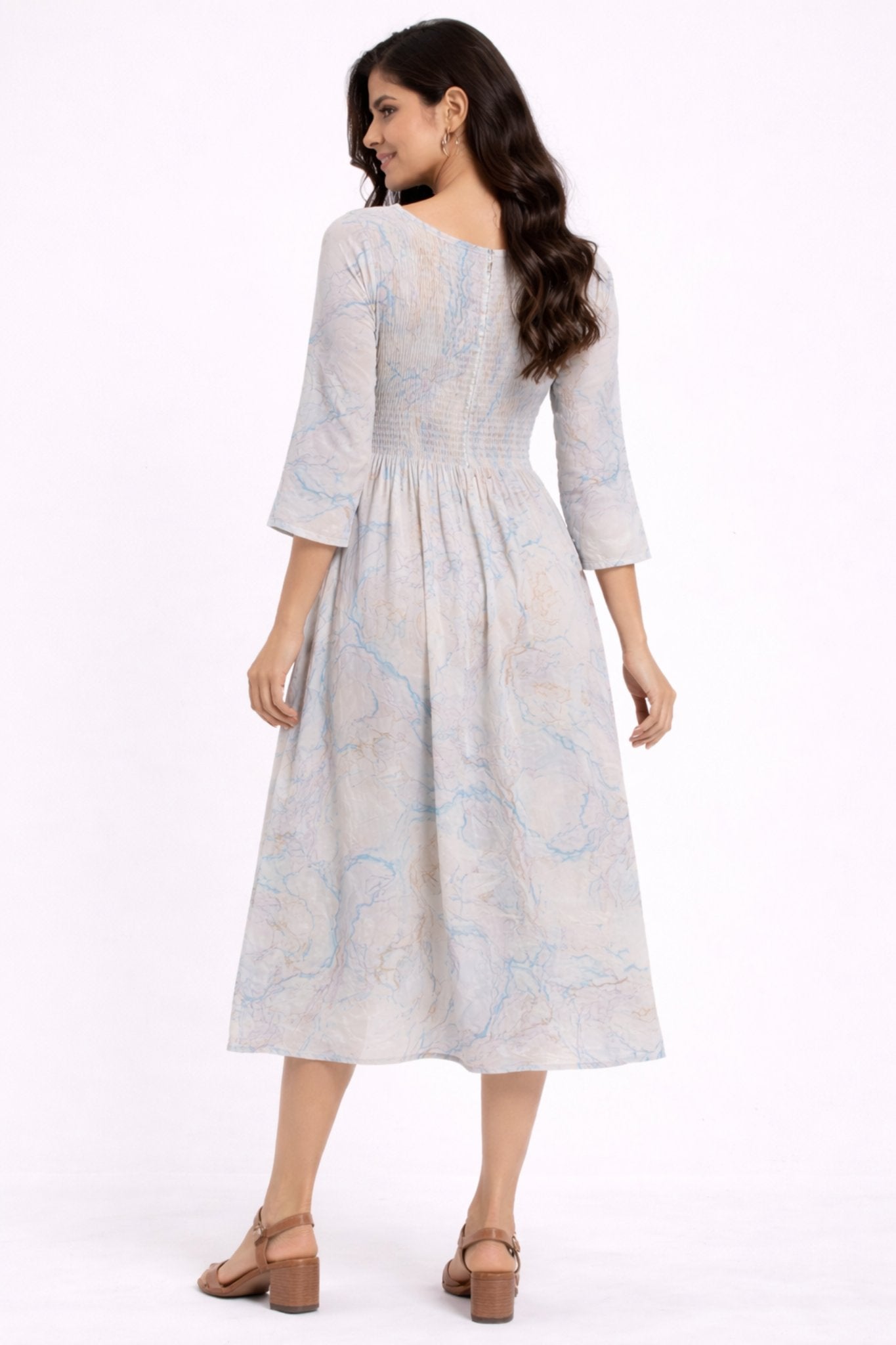 Women Light Grey Marble Print Smocked Midi Dress