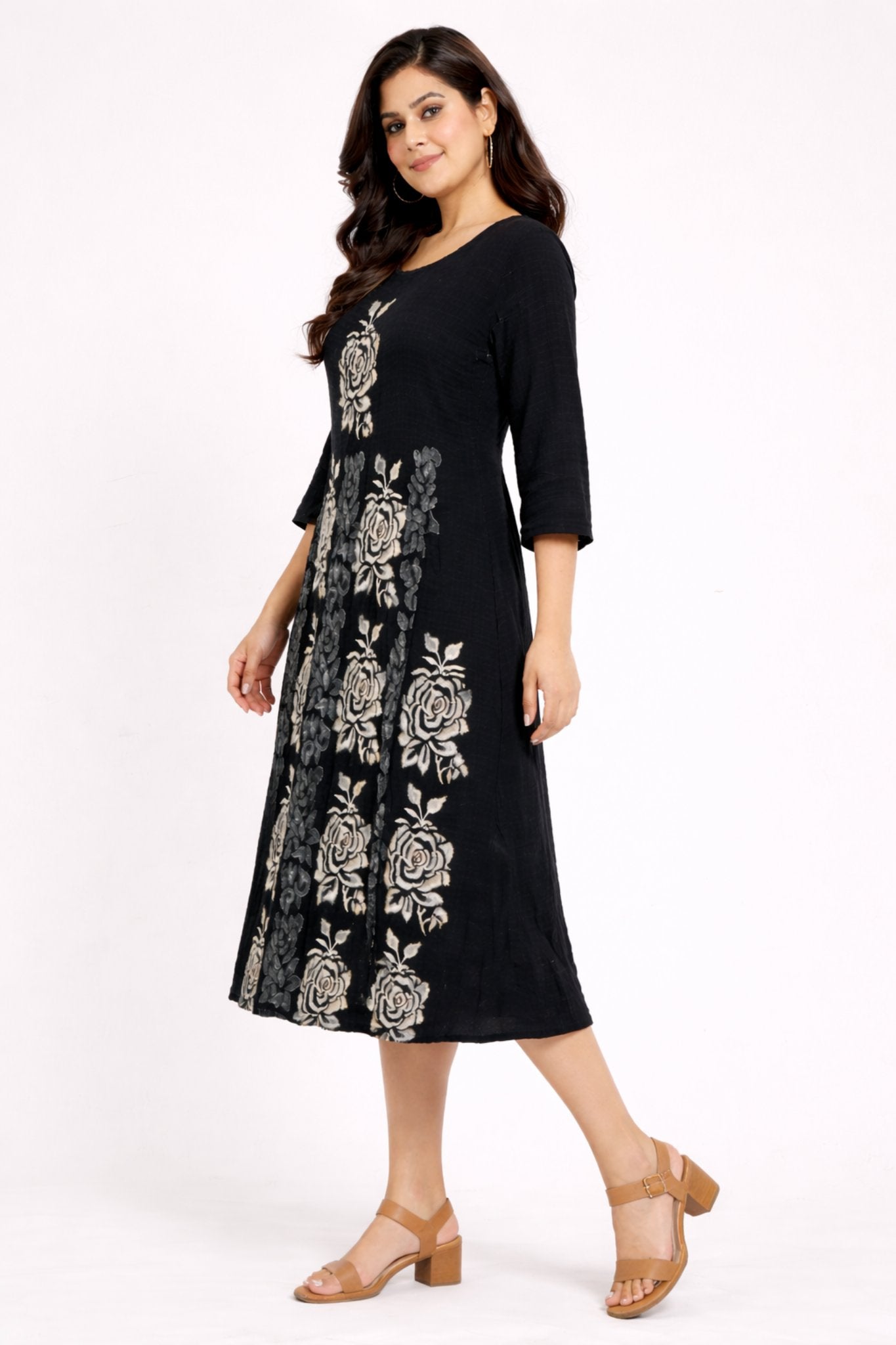 omen Black Floral Print A-Line Midi Dress