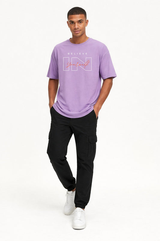 Lavender Oversized Graphic Print Round Neck T-Shirt for Men