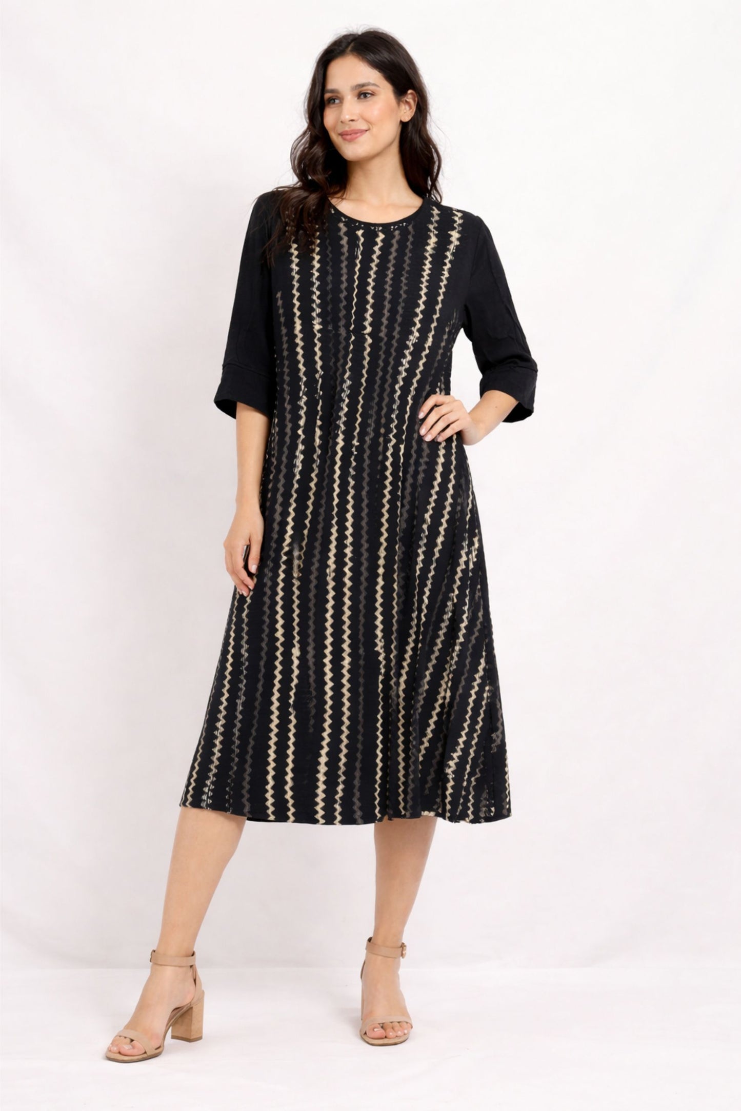 Women Black Printed Midi One Piece Dress