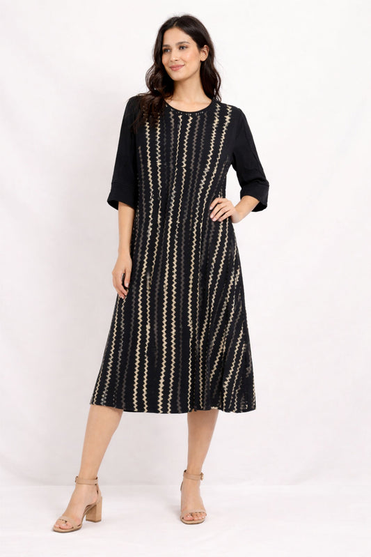Women Black Printed Midi One Piece Dress
