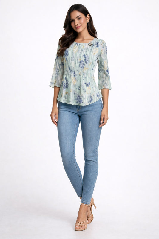 Elegant Mint Green Floral Pleated Top for Women