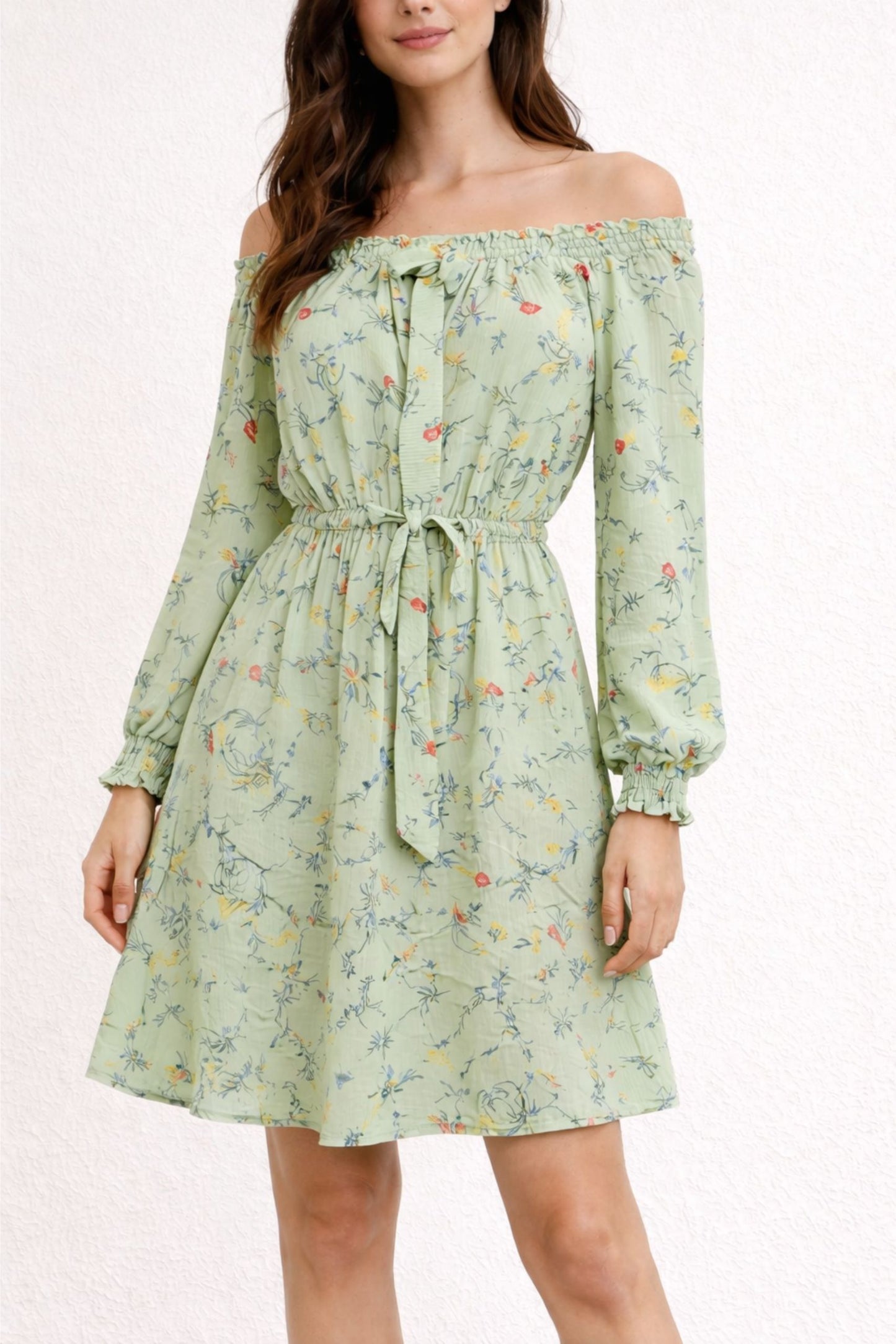 Stylish Green Floral Off Shoulder Dress for Women