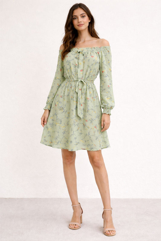 Stylish Green Floral Off Shoulder Dress for Women