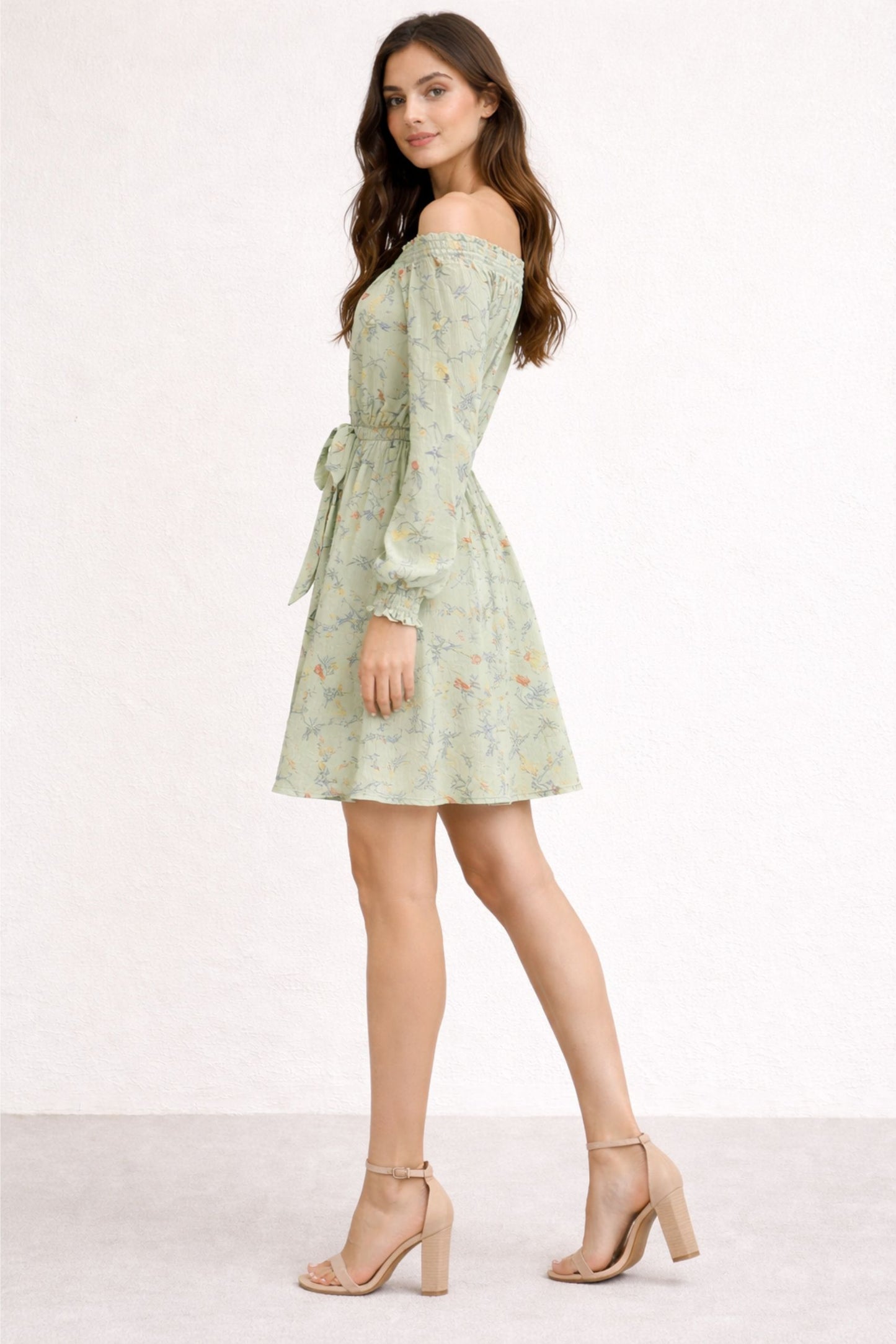 Stylish Green Floral Off Shoulder Dress for Women
