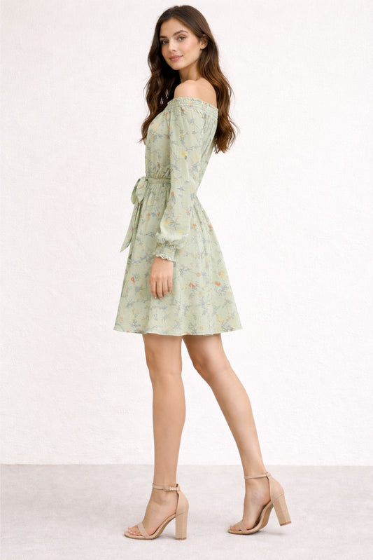 Stylish Green Floral Off Shoulder Dress for Women