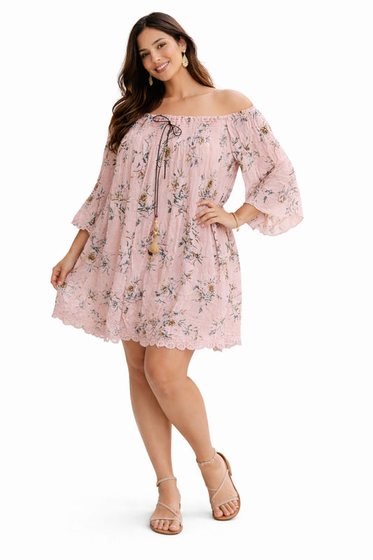 Stylish Pink Floral Off Shoulder Dress for Women