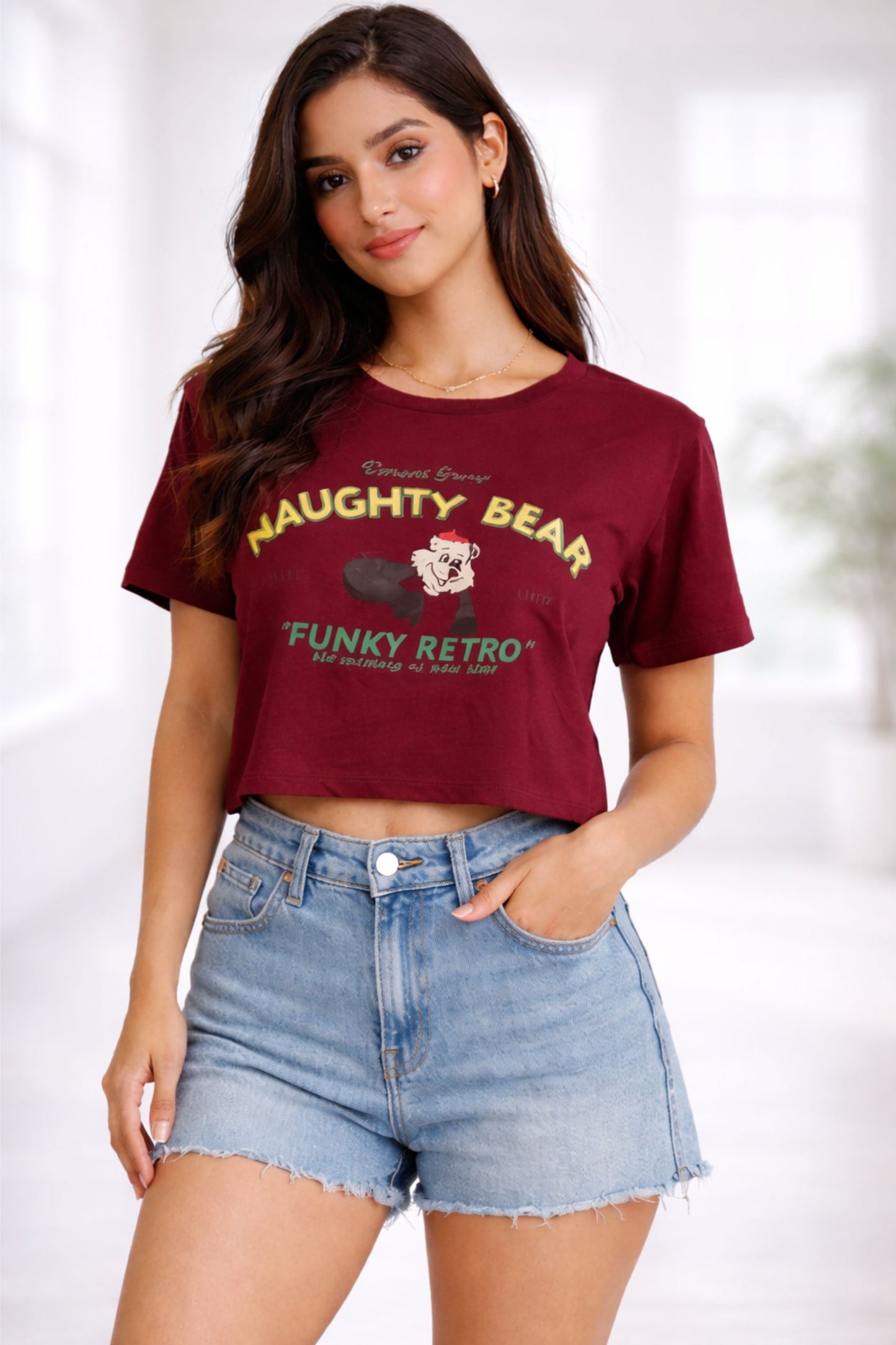 Maroon Graphic Crop T-Shirt for Women