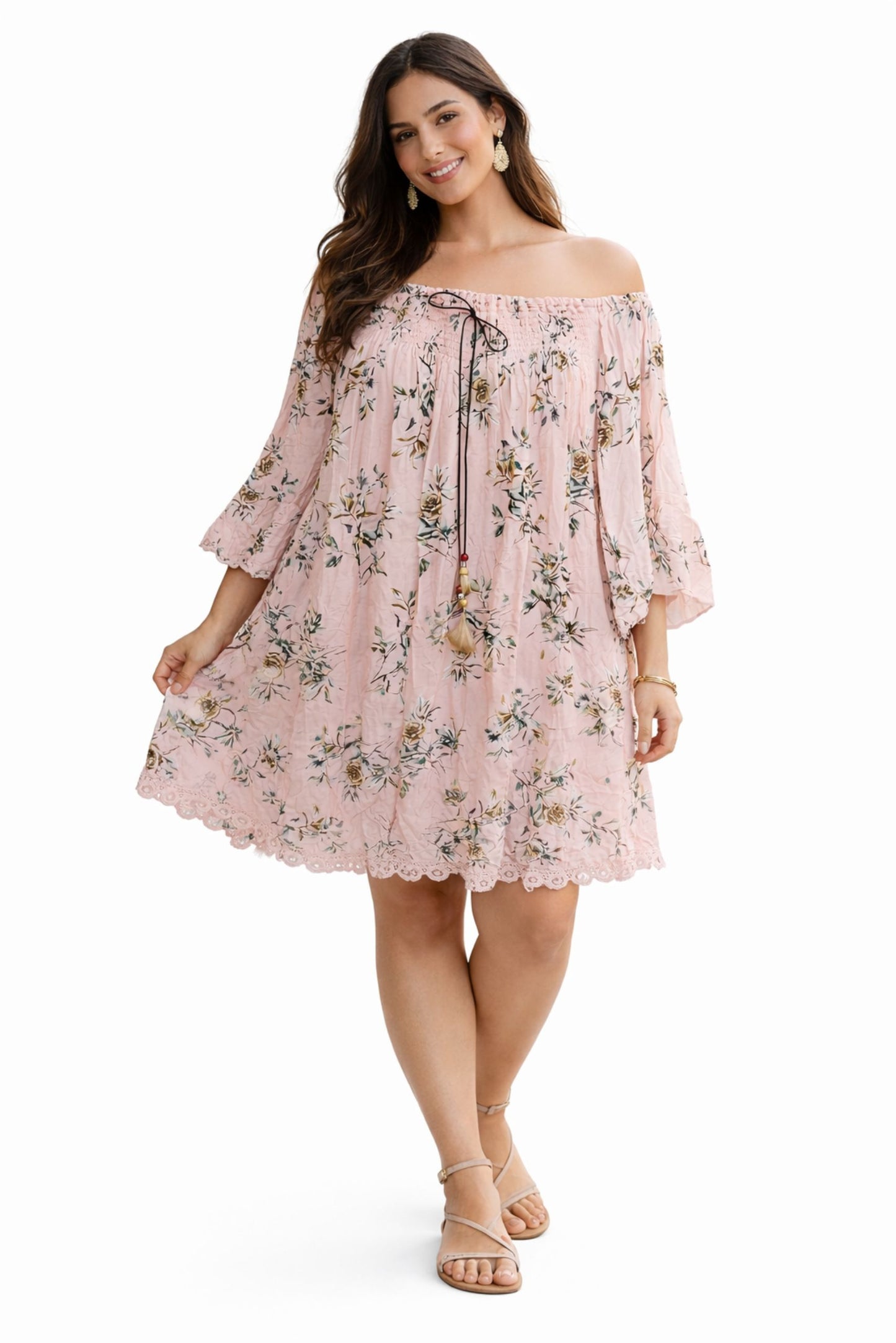 Stylish Pink Floral Off Shoulder Dress for Women