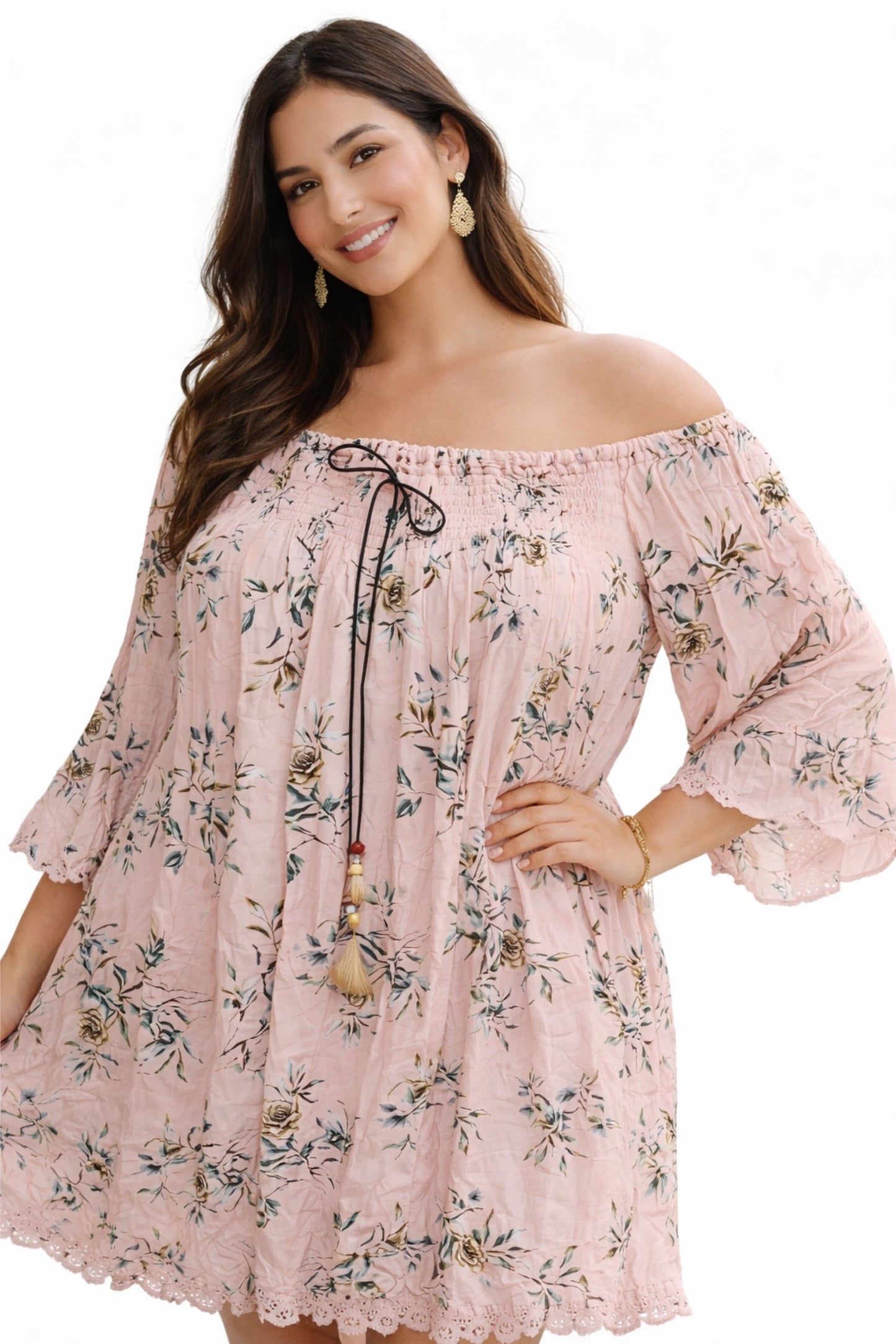 Stylish Pink Floral Off Shoulder Dress for Women