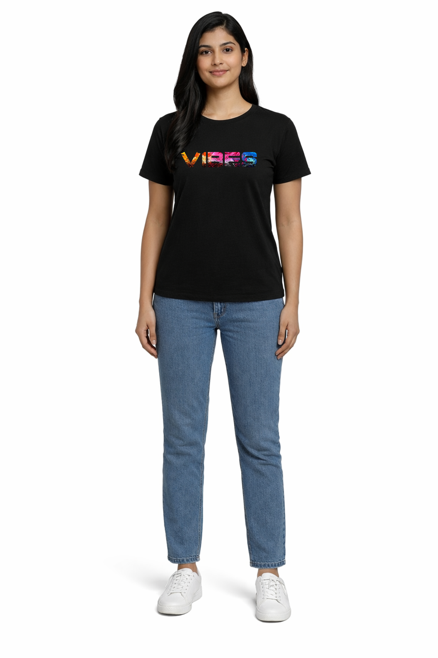 Women’s Black Regular Fit T-Shirt – “VIBES” Graphic Print