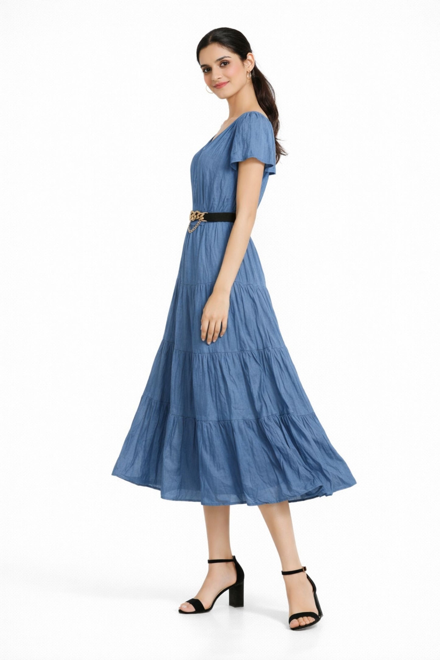Elegant Blue Satin Midi Dress for Women