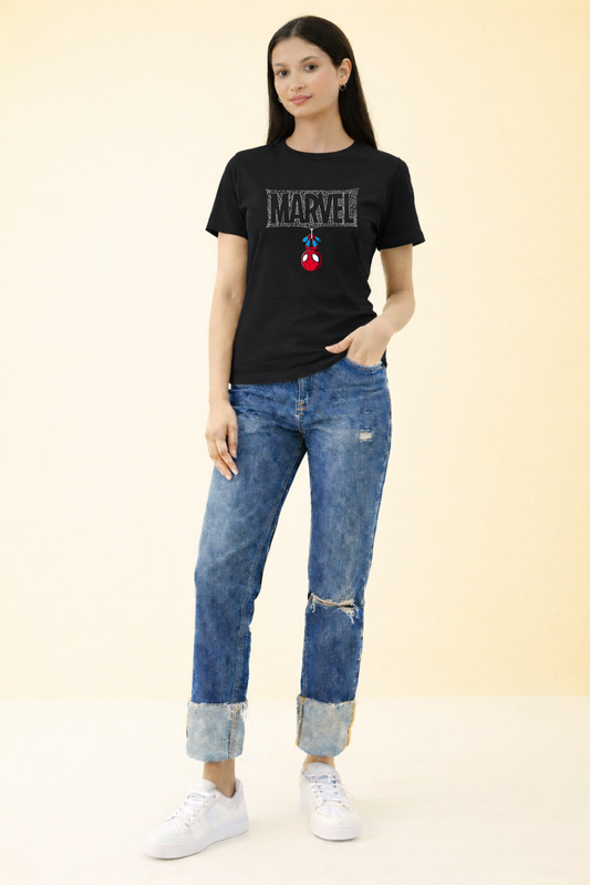 Black Marvel Spider-Man Printed T-Shirt for Women