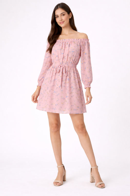 Pink Off-Shoulder Floral Mini Dress