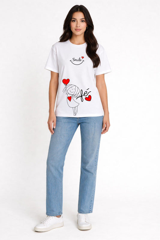 Women’s White Graphic T-Shirt – “Smile & Feel” Heart Design