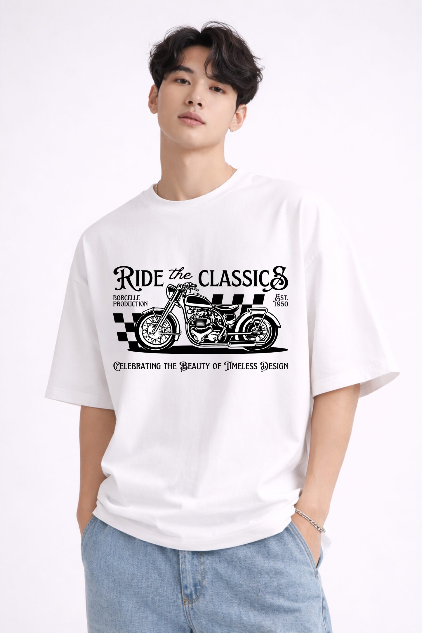 White Oversized T-Shirt – “Ride the Classics” Graphic Print