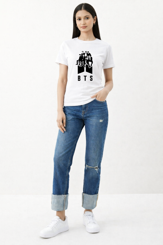 BTS Printed White Regular Fit T-Shirt for Women
