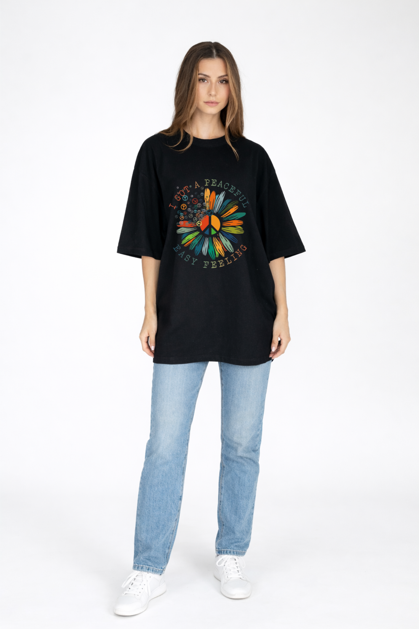 Women’s Black Oversized Graphic T-Shirt – Peaceful Easy Feeling Print