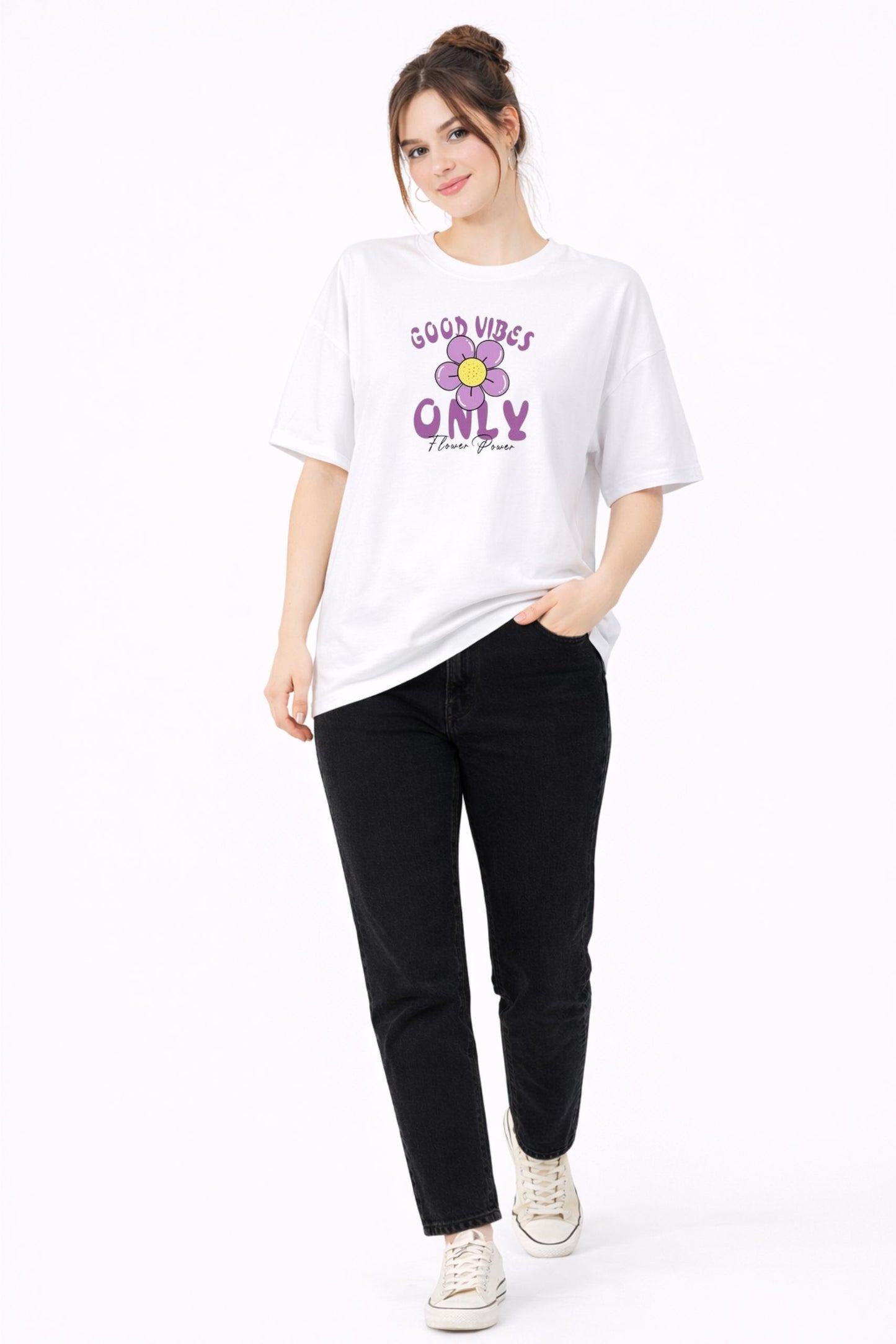 White “Good Vibes Only” Flower Print Oversized T-Shirt