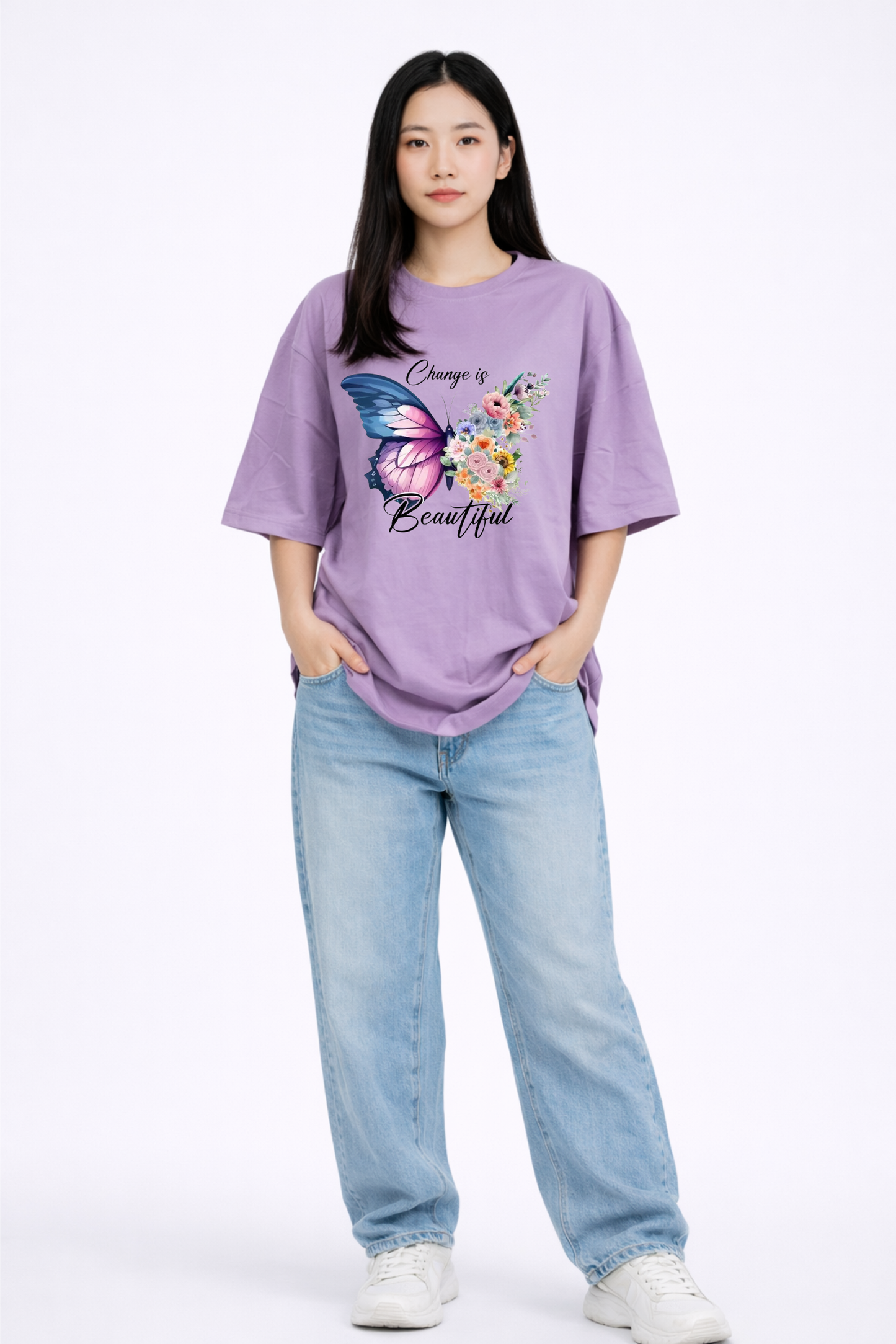 Lavender Oversized T-Shirt for Women – Butterfly Floral Print